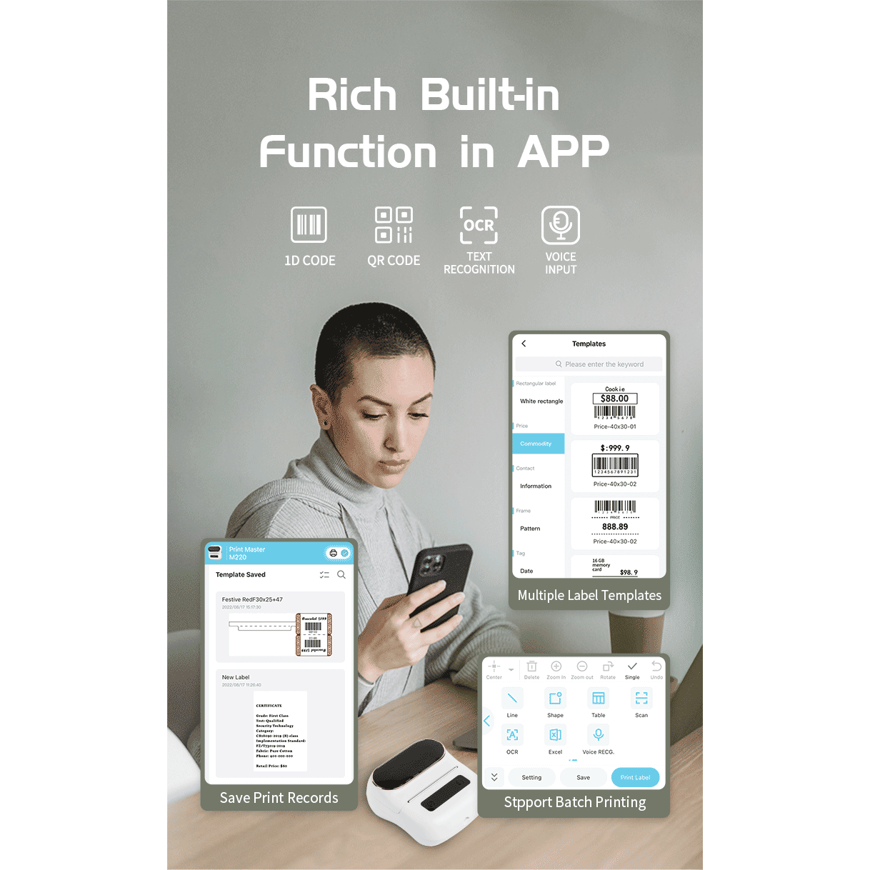 Aimo M220 bluetooth límmiðaprentari fyrir Windows, Mac, iOS og Android (hvítur)