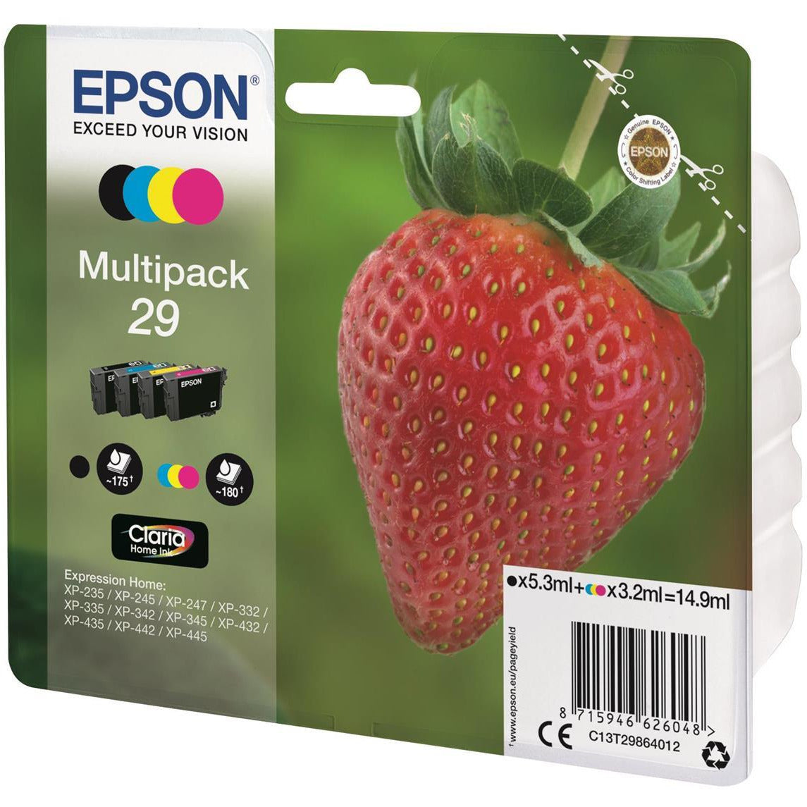 Epson Strawberry 29 (svart 5.3 ml + blátt, rautt, gult 3.2 ml) Claria Home pakki blekhylkis