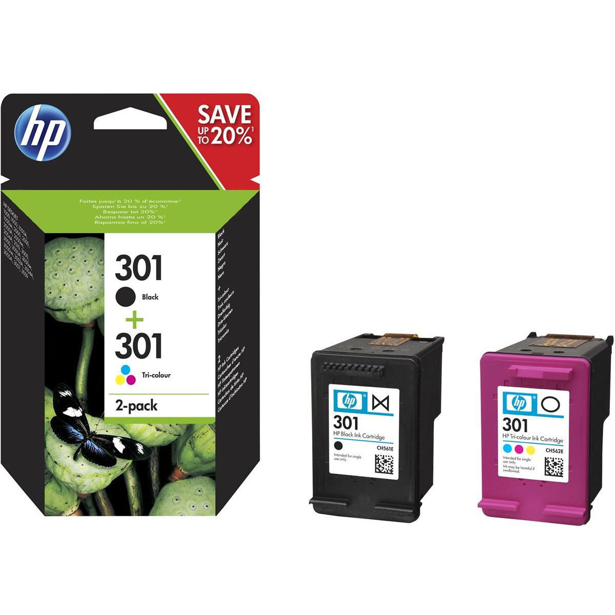 HP N9J72AE 301 2 Pack svart Tri lita Cartridge