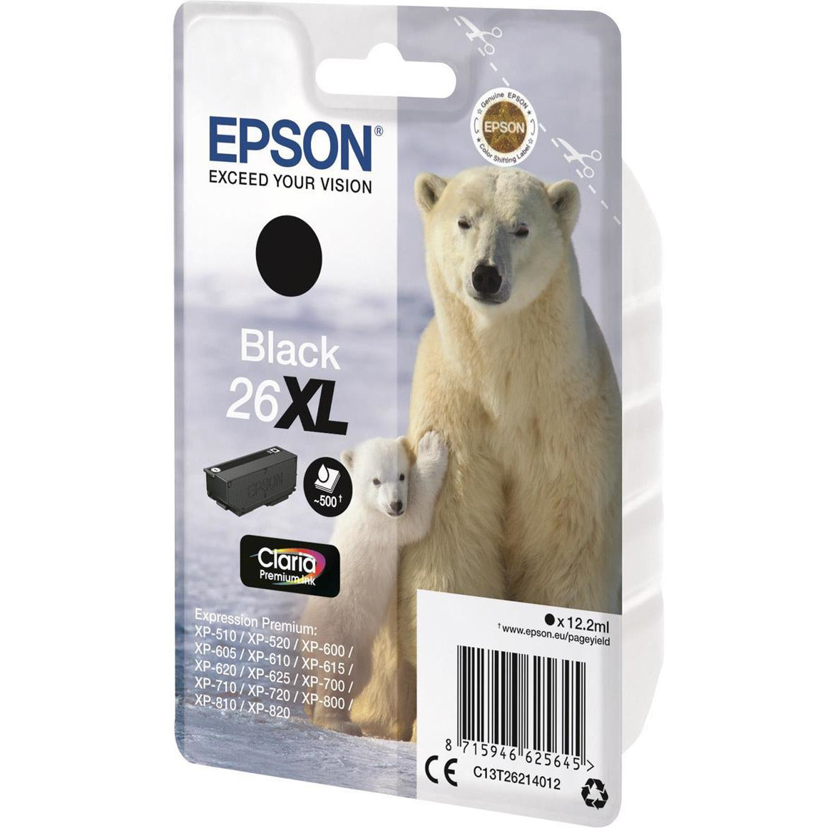 Epson Polar Bear 26XL (Prentar 500 síður) svart Claria Premium blekhylki (Non Tagged) fyrir Expression Premium XP-600/XP-605/XP-700/XP-800 All-in-One Inkjet Printers