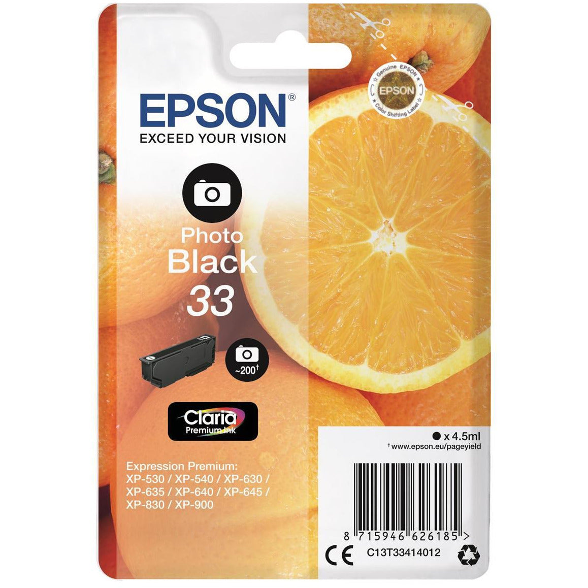 Epson Oranges 33 (4.5 ml) Claria Premium Photo svart blekhylki fyrir Expression Premium XP-530/XP-630/XP-635/XP-830 Printers