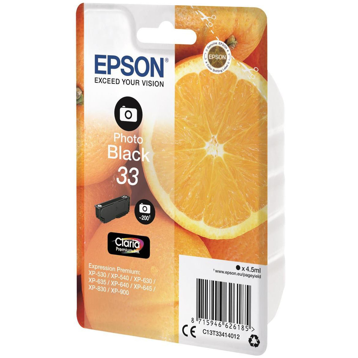 Epson Oranges 33 (4.5 ml) Claria Premium Photo svart blekhylki fyrir Expression Premium XP-530/XP-630/XP-635/XP-830 Printers
