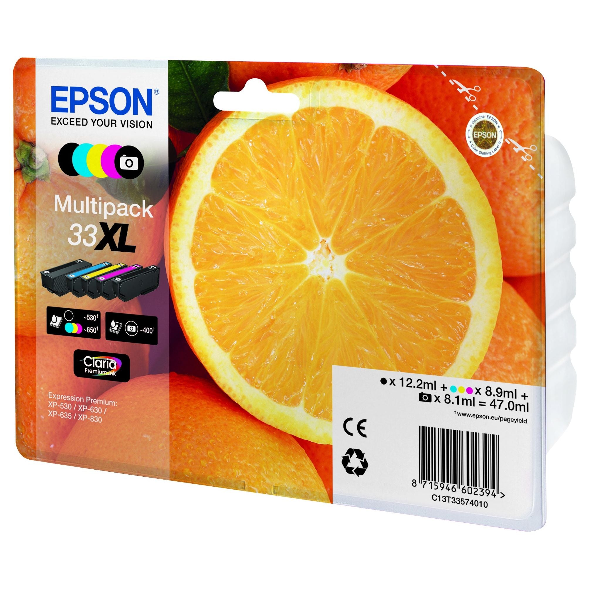 33XL y/c/m/pb/bl Claria Premium Ink w/alarm