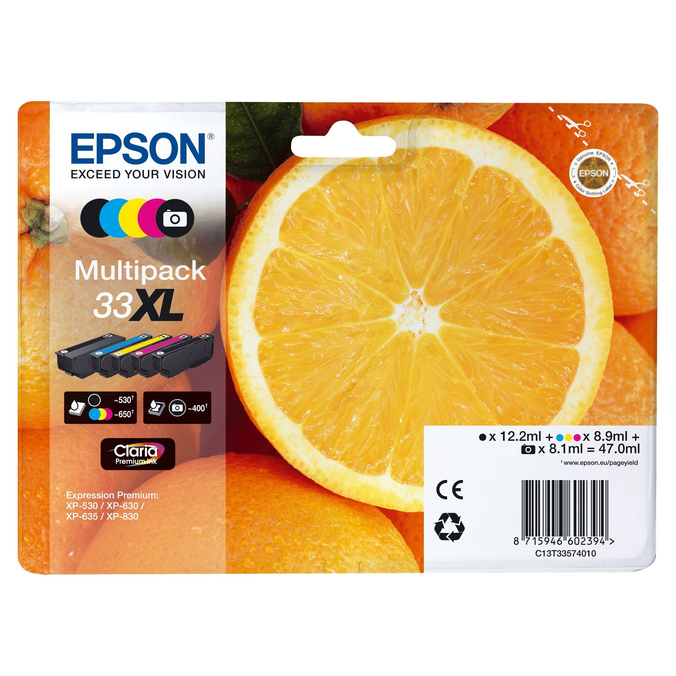 33XL y/c/m/pb/bl Claria Premium Ink w/alarm