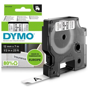 Dymo D1 (12mm) Permanent Plastic Tape (hvítt á svart) fyrir Dymo Pocket Label prentara