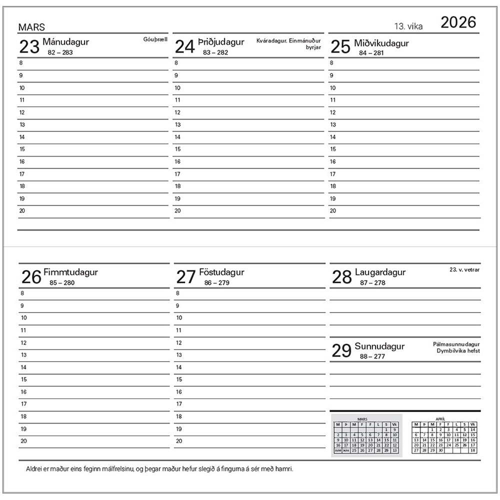 Dagbók Þröstur Vasa 2026 Vika í opnu Rauð