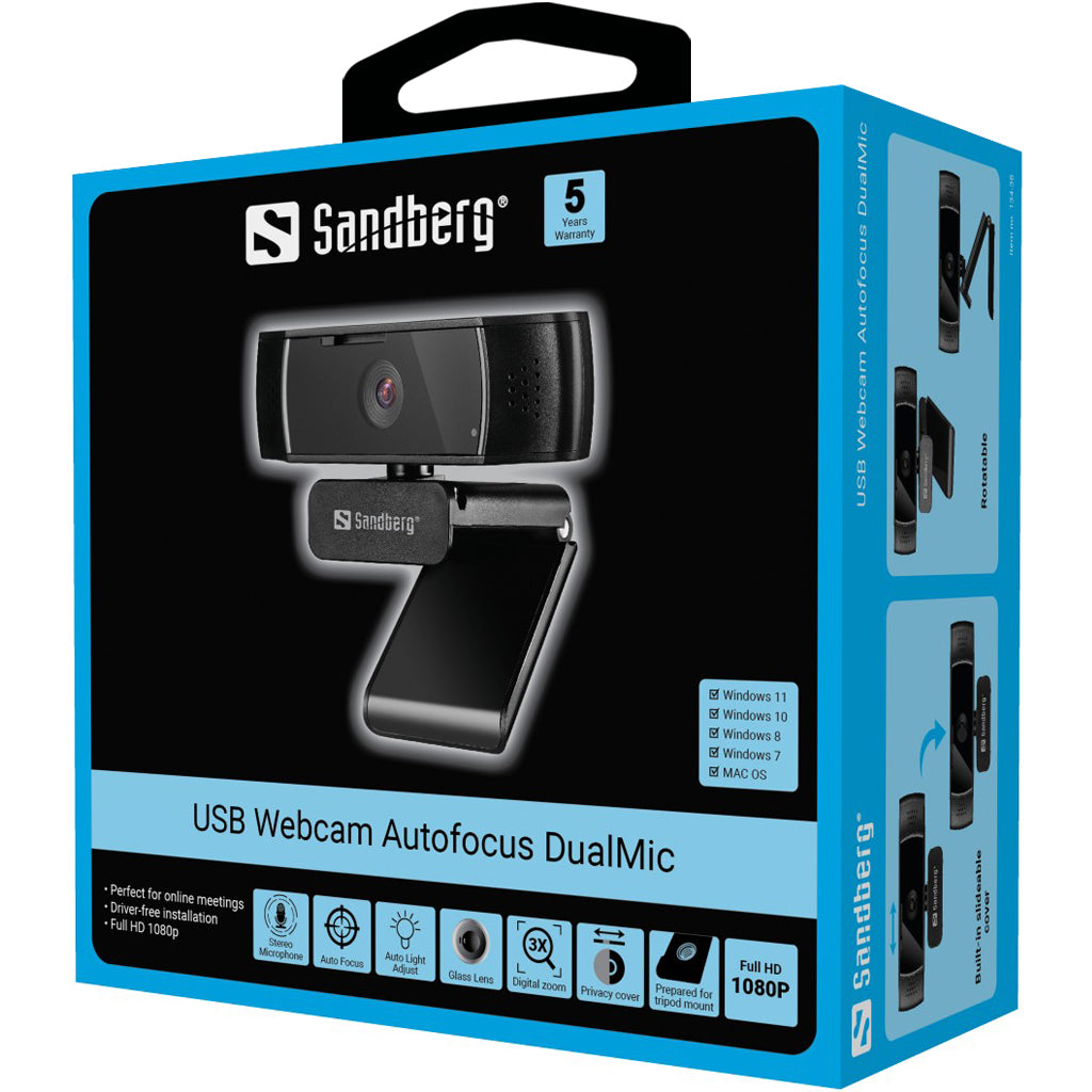 Sandberg USB vefmyndavél Autofocus DualMic, Black