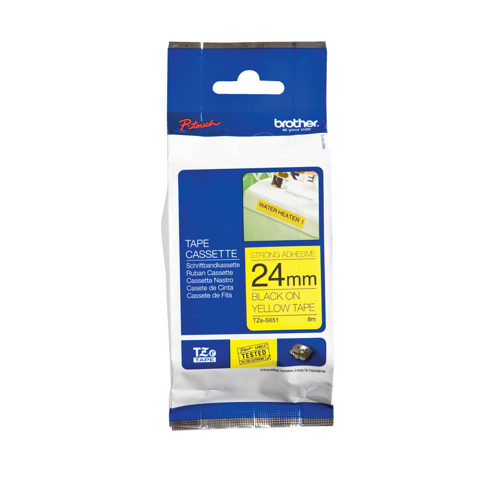 Brother P-touch TZe-S651 (24mm x 8m) svart á gult Strong Adhesive lamineraður límborði