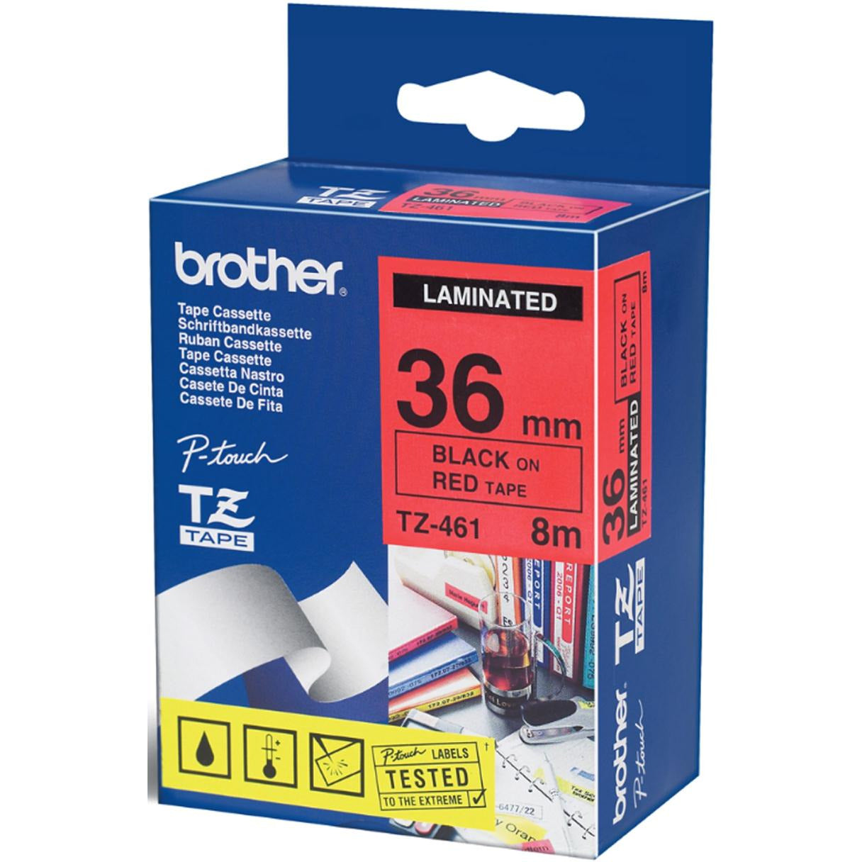 Brother P-touch TZ-461 (36mm x 8m) svart á rautt lamineraður límborði