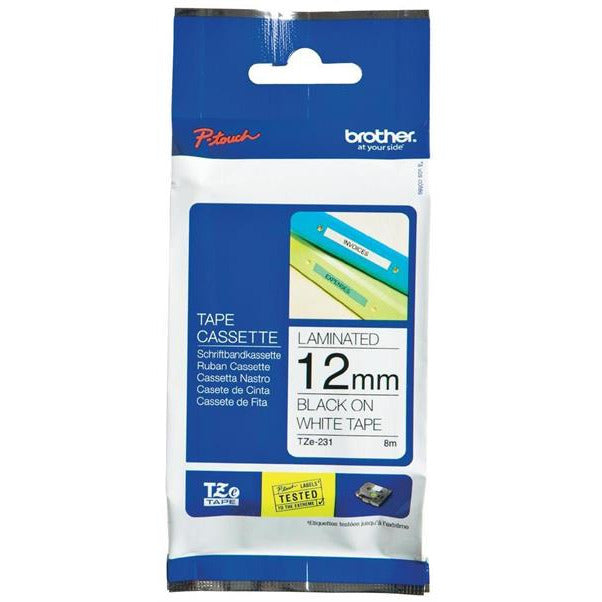 Brother P-touch TZe-231 (12mm x 8m) svart á hvítu lamineraður límborði