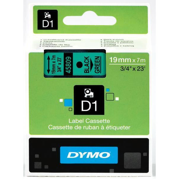 Dymo D1 (19mm) Permanent Plastic Tape (svart á grænt) fyrir Dymo Label Point and Label Manager prentara