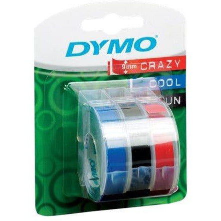 Dymo 3D (9mm) Embossing Tape Assorted litas (blátt, svart, rautt) Blister þrjú í pakka Rolls fyrir Dymo Cool Clicks, Junior and Omega Label prentara