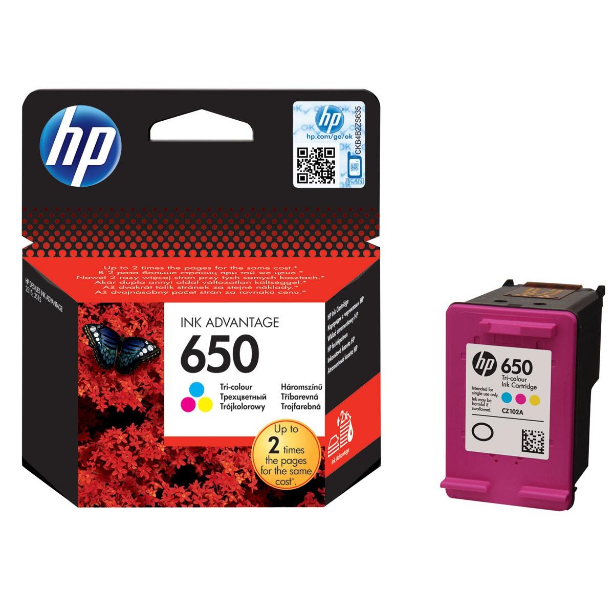 HP 650 (Prentar 200 síður) Tri-color Original Ink Advantage Cartridge (blátt, rautt, gult) fyrir Deskjet Ink Advantage 2515/1015/1515/2545/2645/3515/4645 prentara