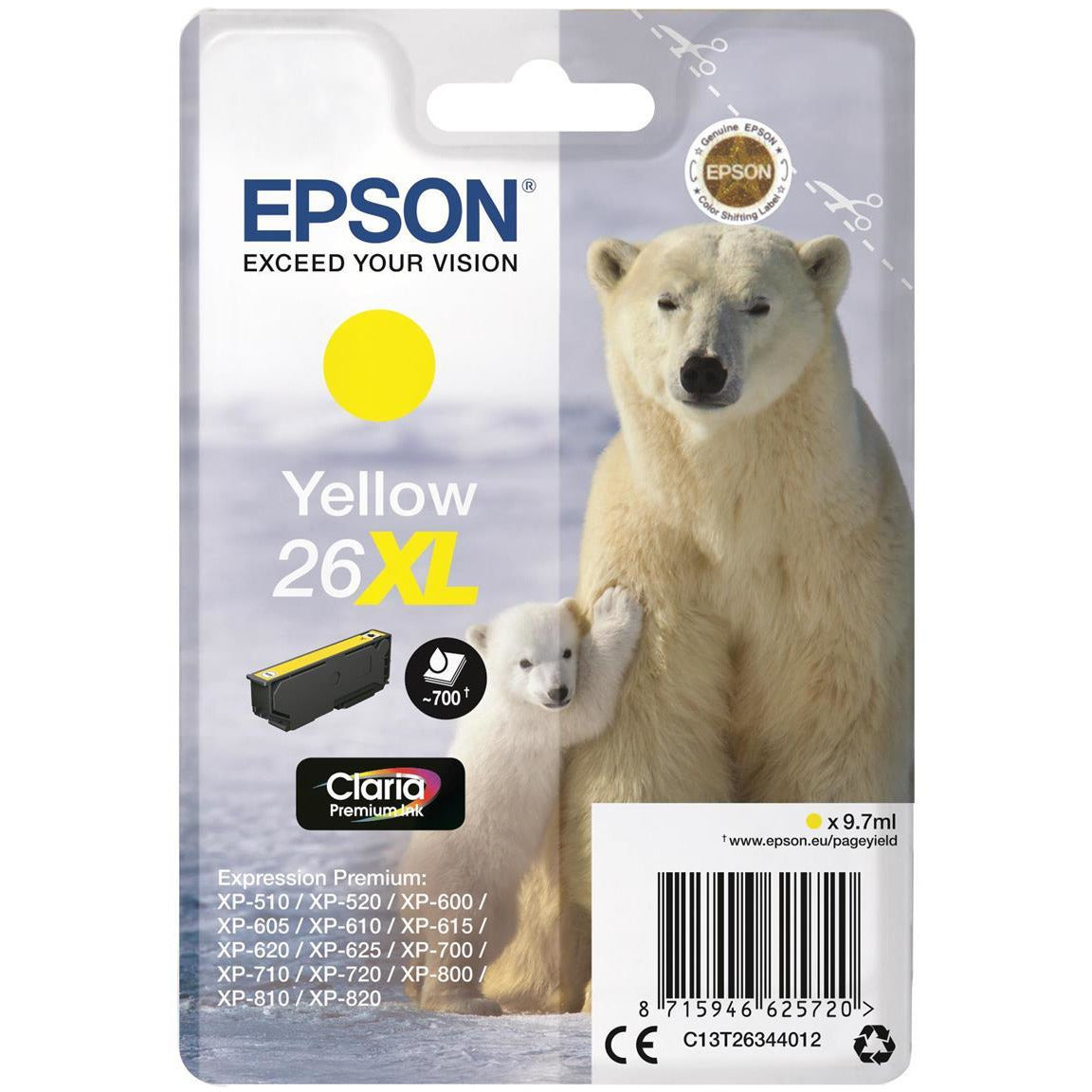Epson Polar Bear 26XL (Prentar 700 síður) Claria Premium blekhylki (gult)