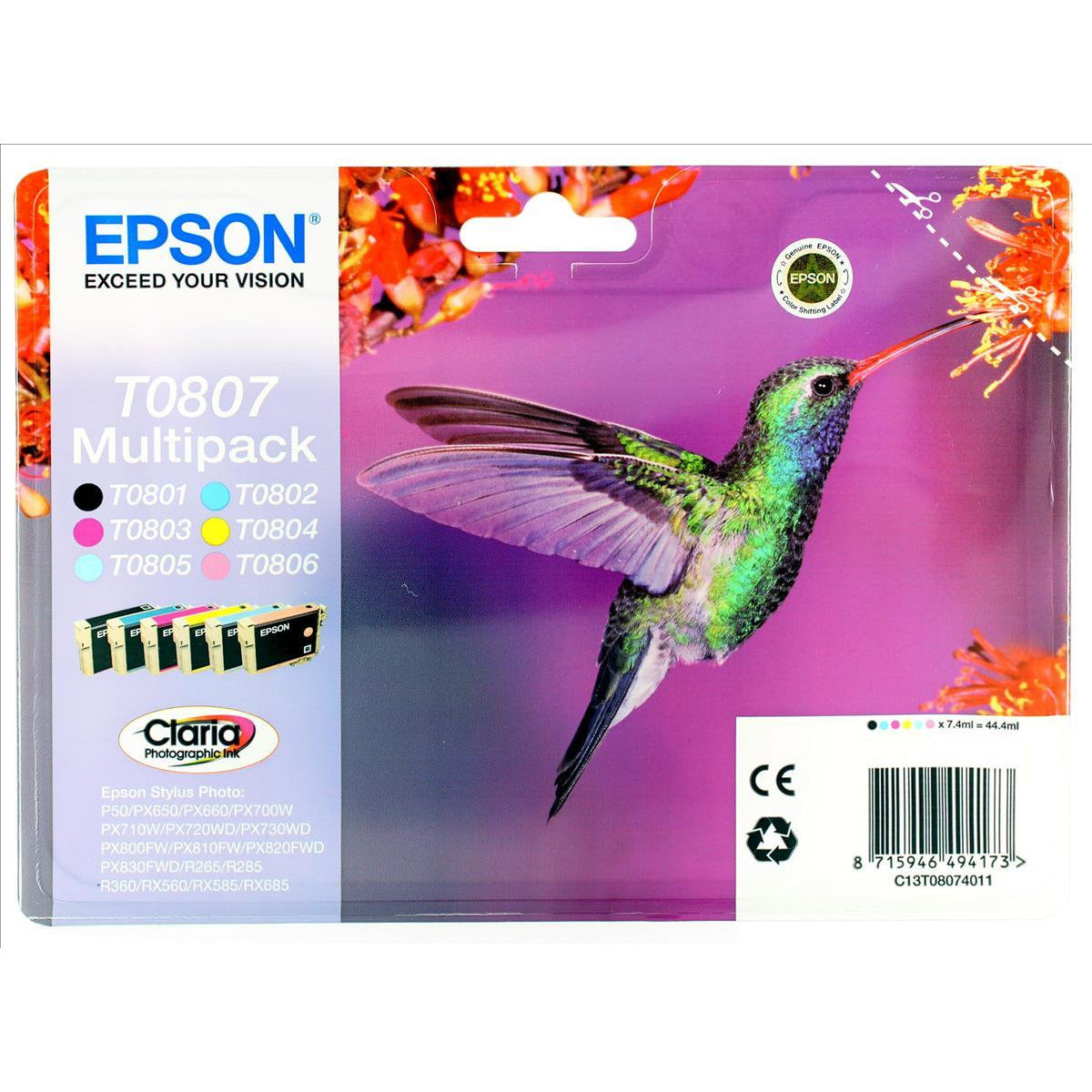 Epson Hummingbird T0807 (Prentar: 300 svart/900 blátt/440 rautt/460 gult/345 Light blátt/590 Light rautt síður) svart/blátt/rautt/gult/Light blátt/Light rautt blekhylki Pack of 6