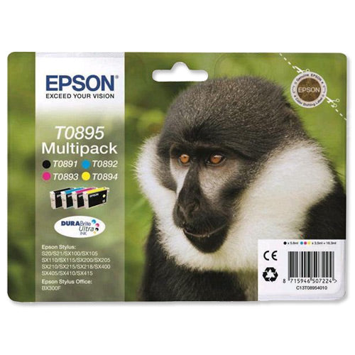 Epson Monkey T0895 (Prentar: 180 svart/185 blátt/135 rautt/200 gult síður) svart/blátt/rautt/gult blekhylki Pack of 4
