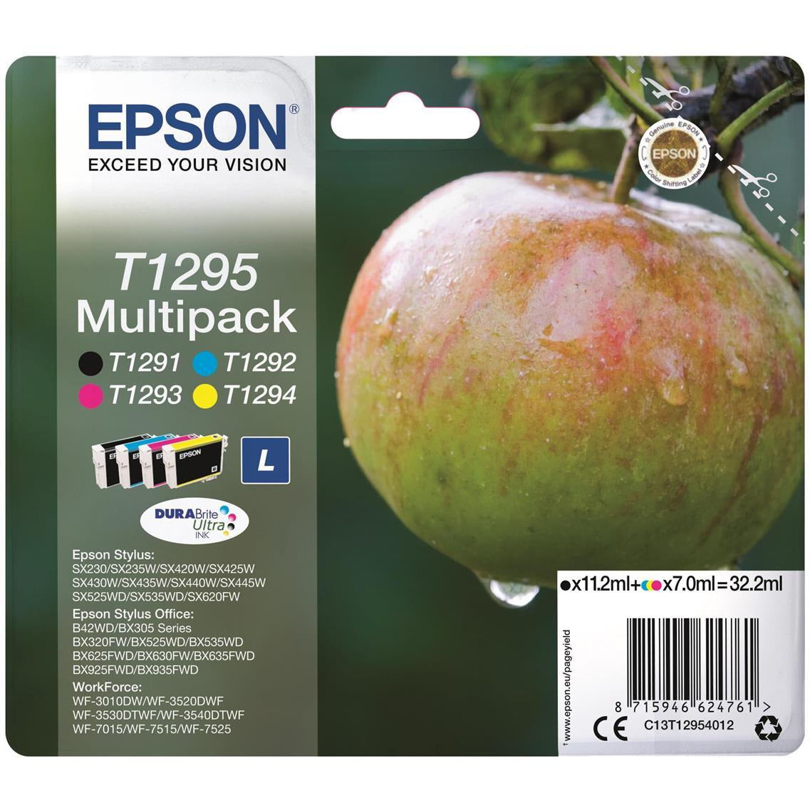 Epson Apple T1295 4 lita pakki blekhylkis svart, blátt, rautt, gult (Retail Packed, Untagged) fyrir BX305F/BX320FW/BX525WD/BX625FWD/SX420W