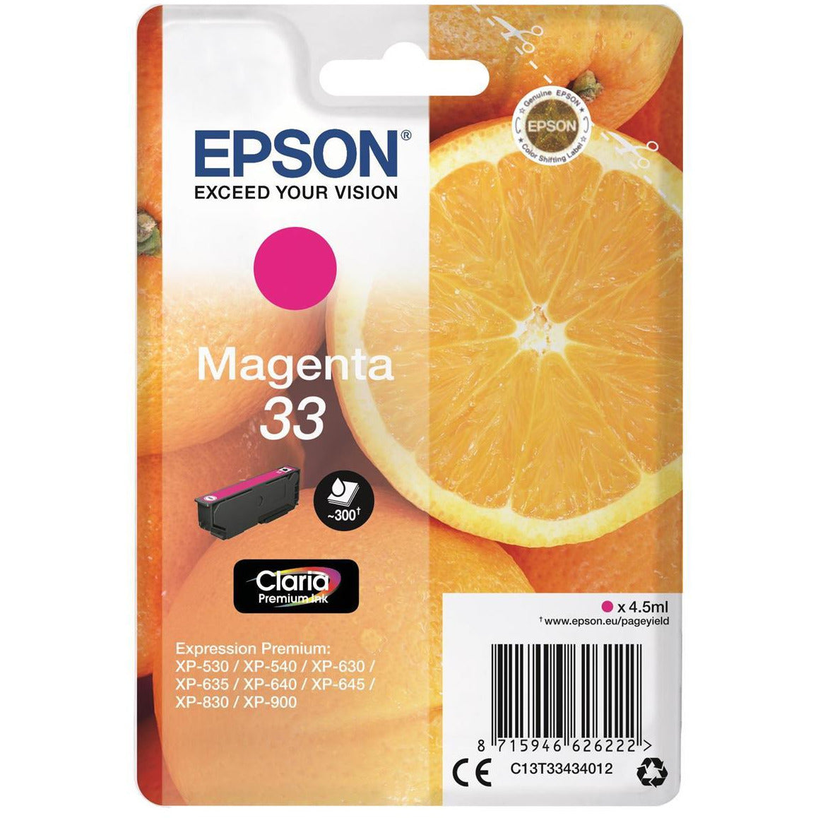 Epson Oranges 33 (4.5 ml) Claria Premium rautt blekhylki fyrir Expression Premium XP-530/XP-630/XP-635/XP-830 Printers