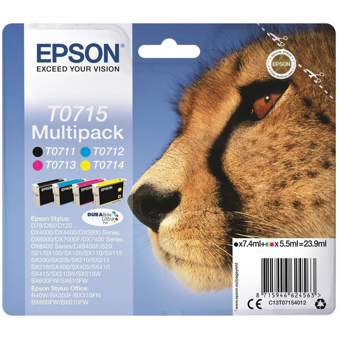 Epson Cheetah T0715 Multi 4 Pack DURABrite Ultra Ink (svart/blátt/rautt/gult)