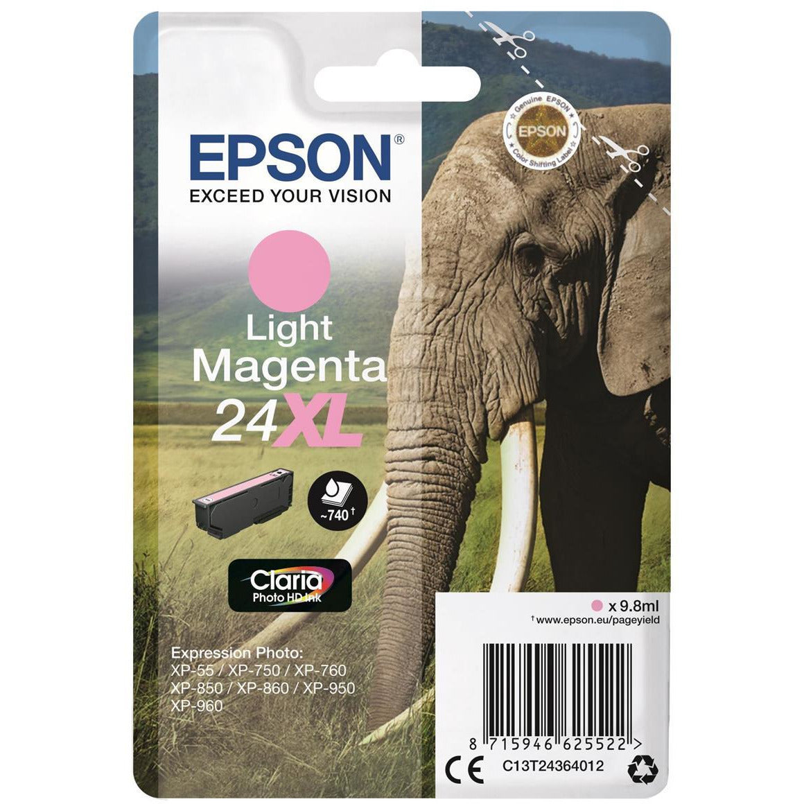 Epson Elephant 24XL (non-Tagged) High Capacity (Prentar 740 síður) blekhylki (Light rautt) fyrir Epson Expression Photo: XP-750 / XP-850