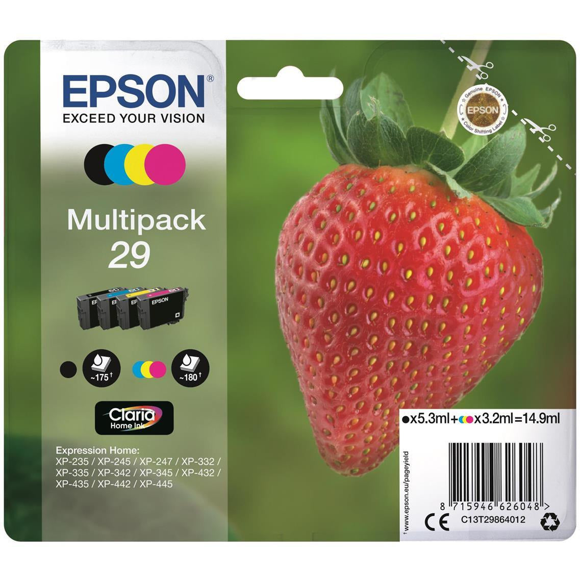 Epson Strawberry 29 (svart 5.3 ml + blátt, rautt, gult 3.2 ml) Claria Home pakki blekhylkis