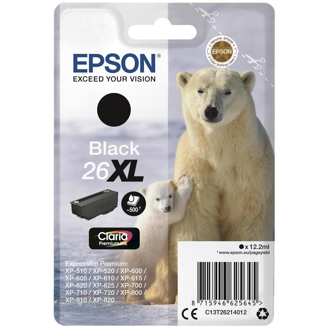 Epson Polar Bear 26XL (Prentar 500 síður) svart Claria Premium blekhylki (Non Tagged) fyrir Expression Premium XP-600/XP-605/XP-700/XP-800 All-in-One Inkjet Printers
