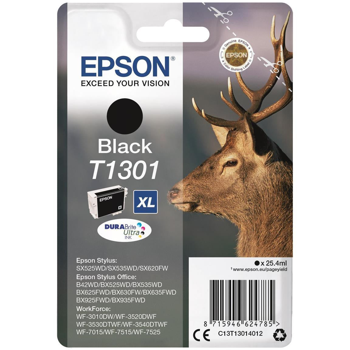 Epson T1301 svart blekhylki (Retail Packed, Untagged) fyrir Stylus Office BX525WD/BX625FWD/Stylus SX525WD/SX620FW