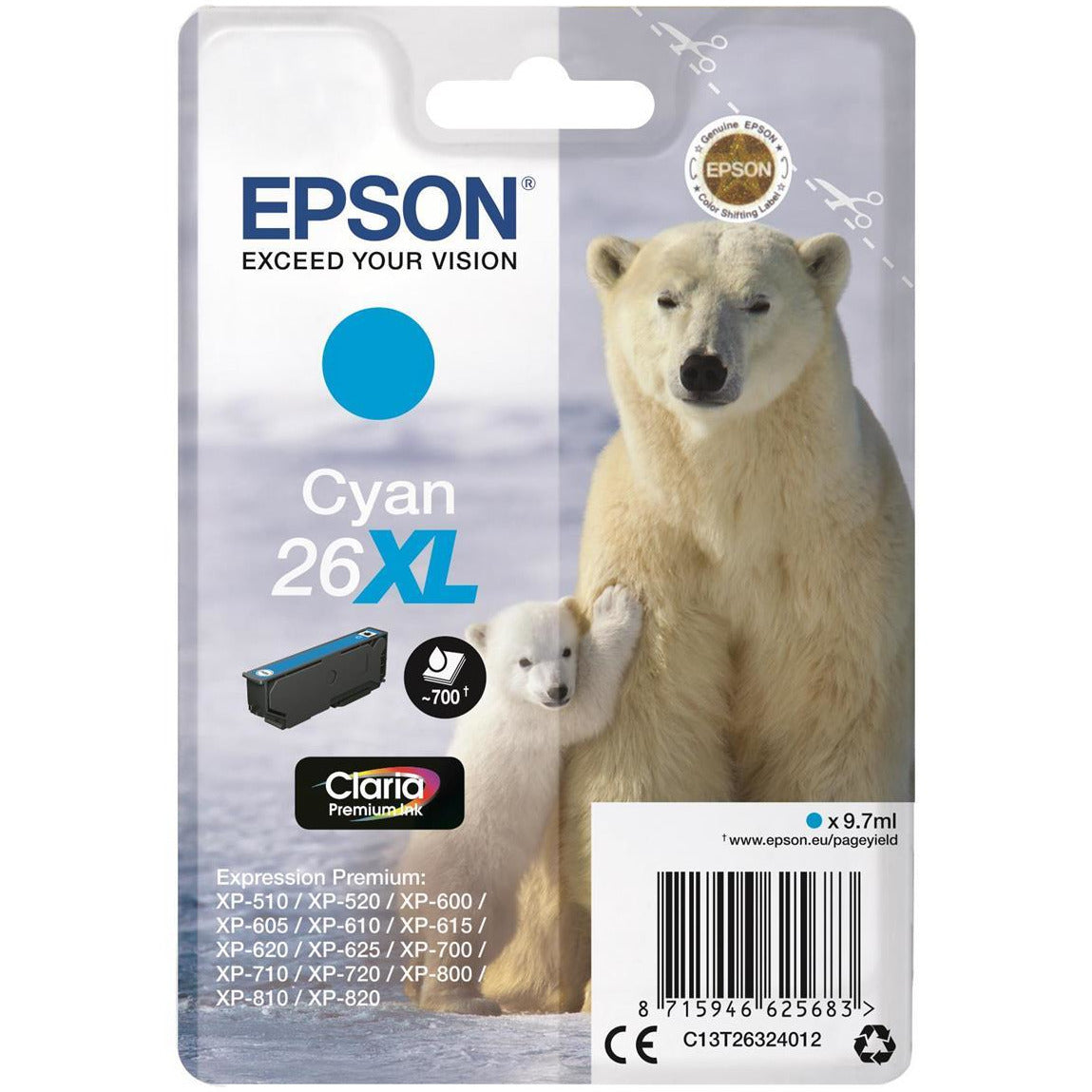 Epson Polar Bear 26XL (Prentar 700 síður) Claria Premium blekhylki (blátt)