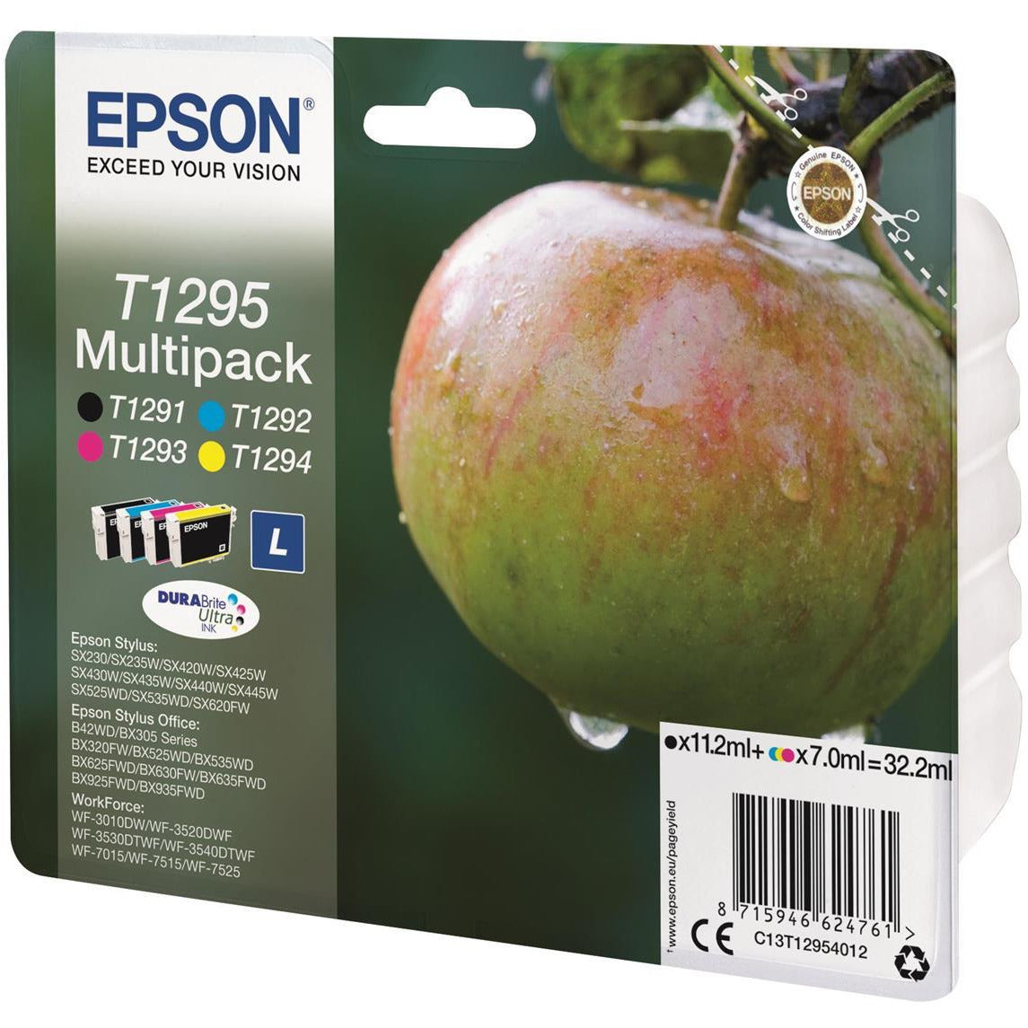 Epson Apple T1295 4 lita pakki blekhylkis svart, blátt, rautt, gult (Retail Packed, Untagged) fyrir BX305F/BX320FW/BX525WD/BX625FWD/SX420W