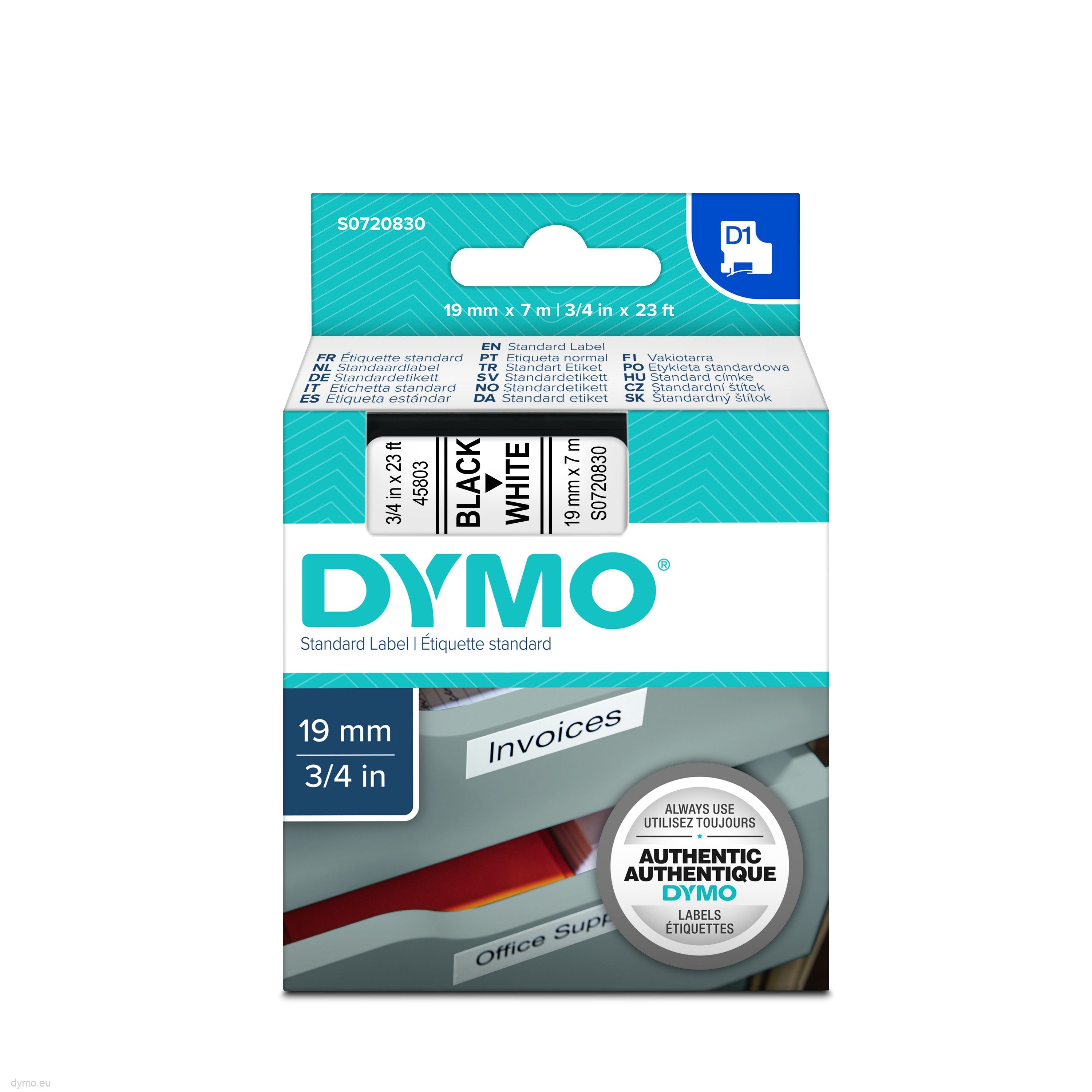 Dymo D1 (19mm) Permanent Plastic Tape (svart á hvítu) fyrir Dymo Professiáal Label prentara